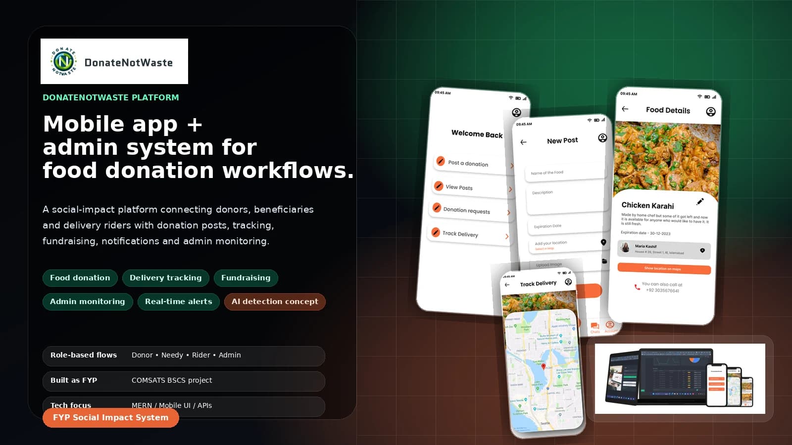 DonateNotWaste mobile app screens showing food donation workflows, user onboarding, donor and needy flows, and social impact platform UI