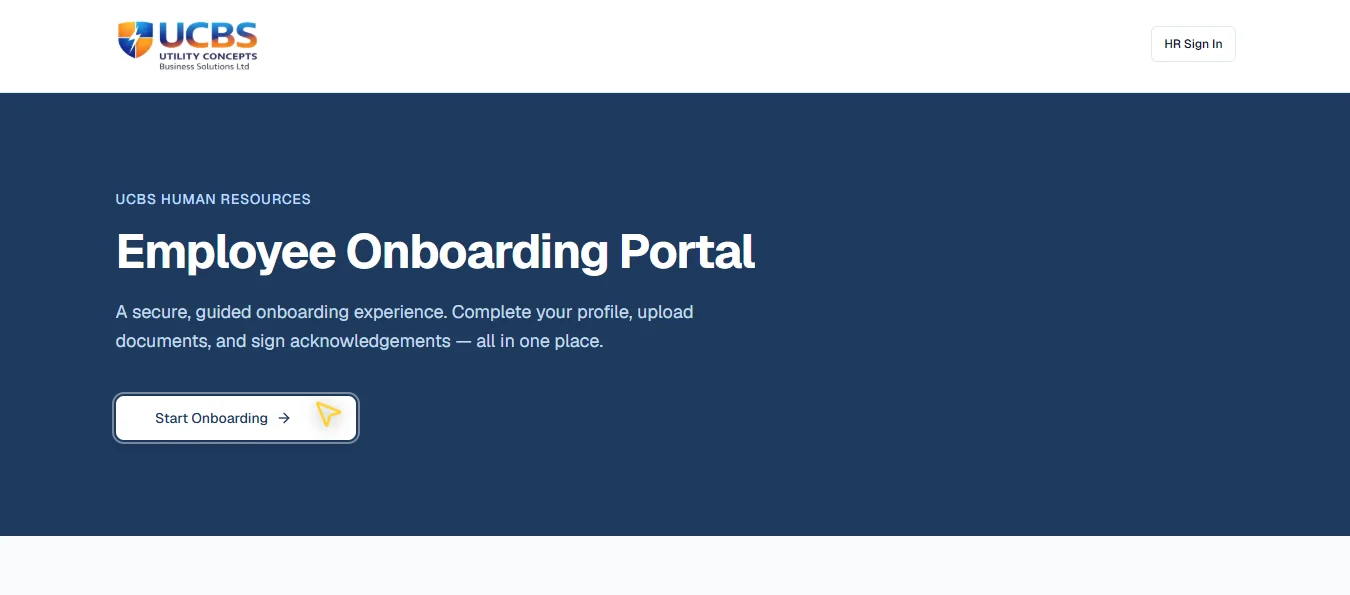 UCBS HR onboarding portal with secure employee forms, admin dashboard, status management, and document workflows built by NUSTFORGE