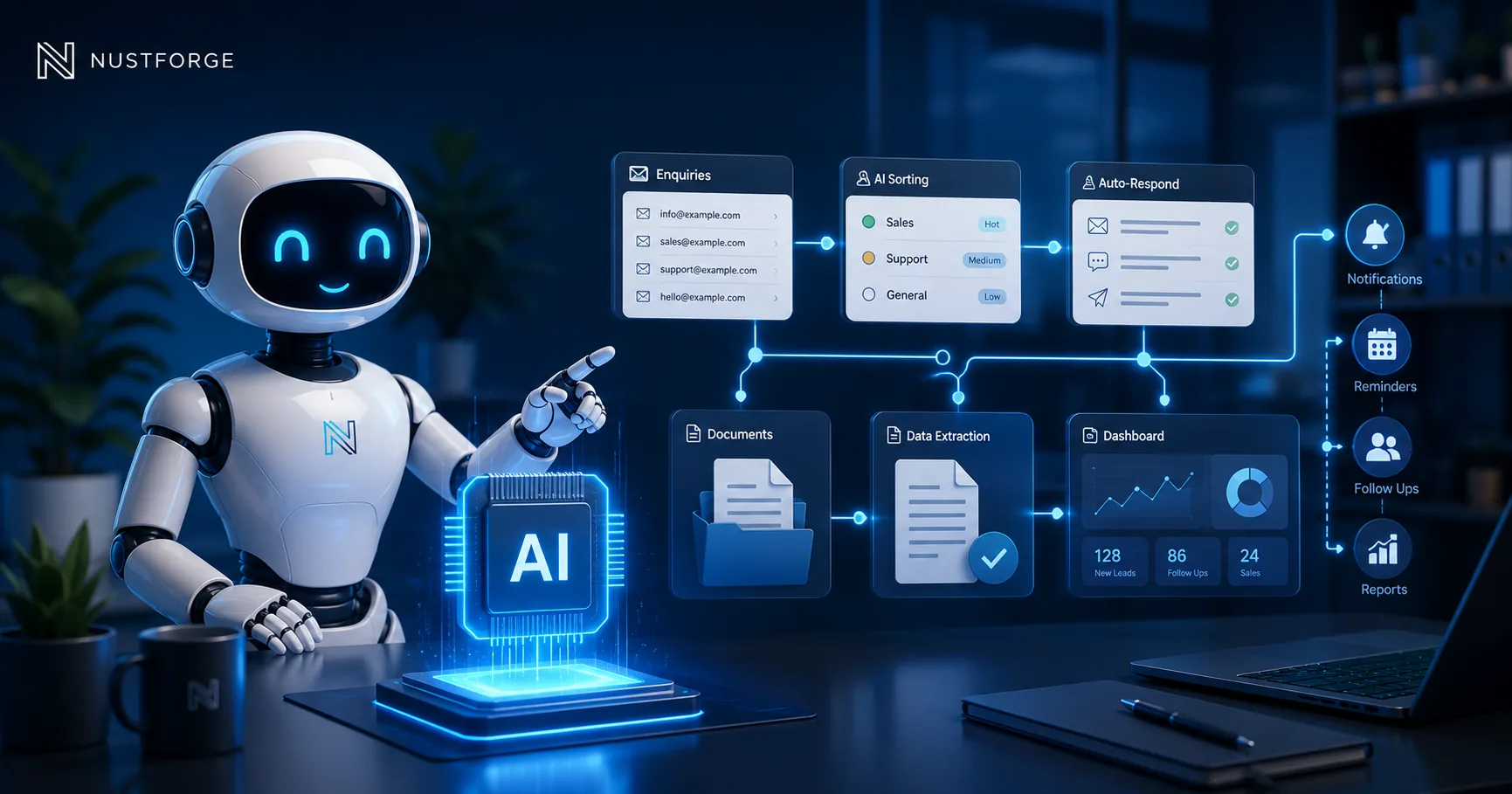 AI automation illustration with an AI chip, workflow icons, and a friendly business assistant robot.