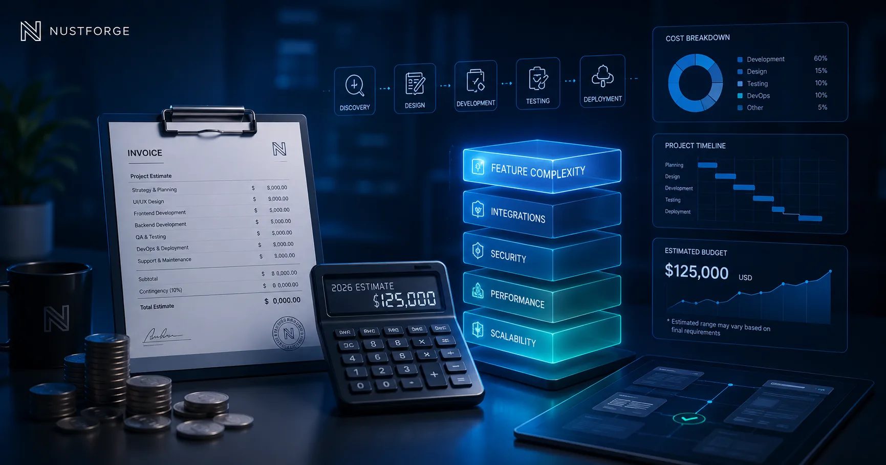 Custom software cost illustration with analytics dashboards, a calculator, invoice clipboard, and coins.