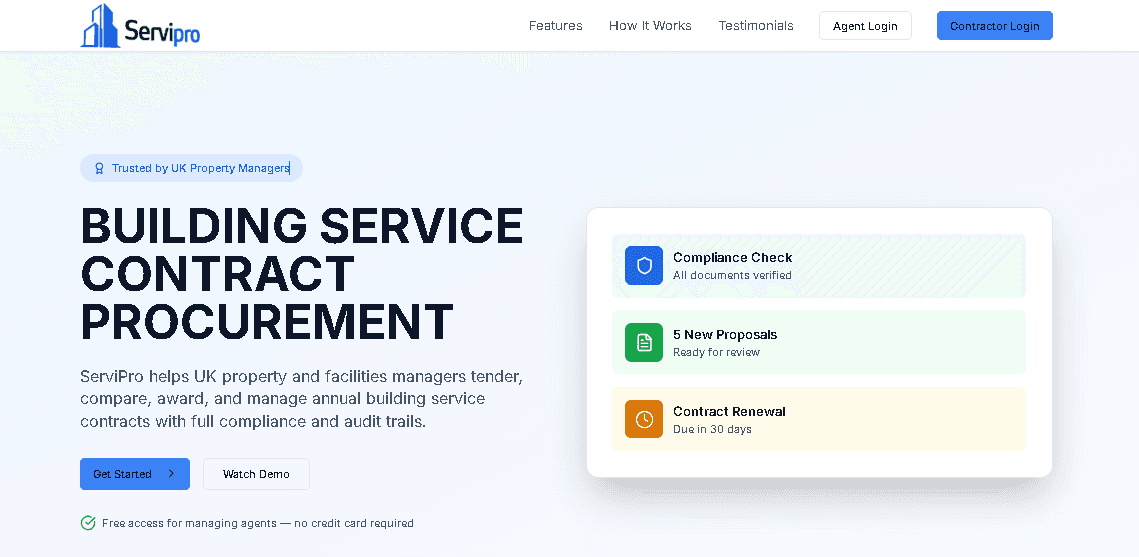 ServiPro procurement SaaS platform homepage preview built by NUSTFORGE
