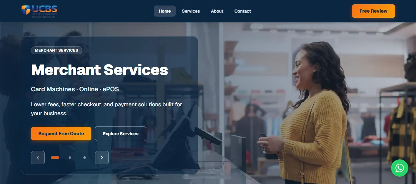 UCBS business consultancy website for UK cost-saving services, merchant services, funding, utilities, telecoms, and enquiry generation built by NUSTFORGE